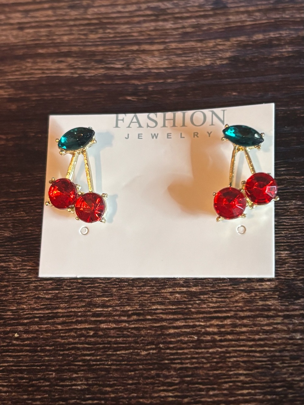 Gold‎ Tone Cherry Earrings with Red and Green Crystals